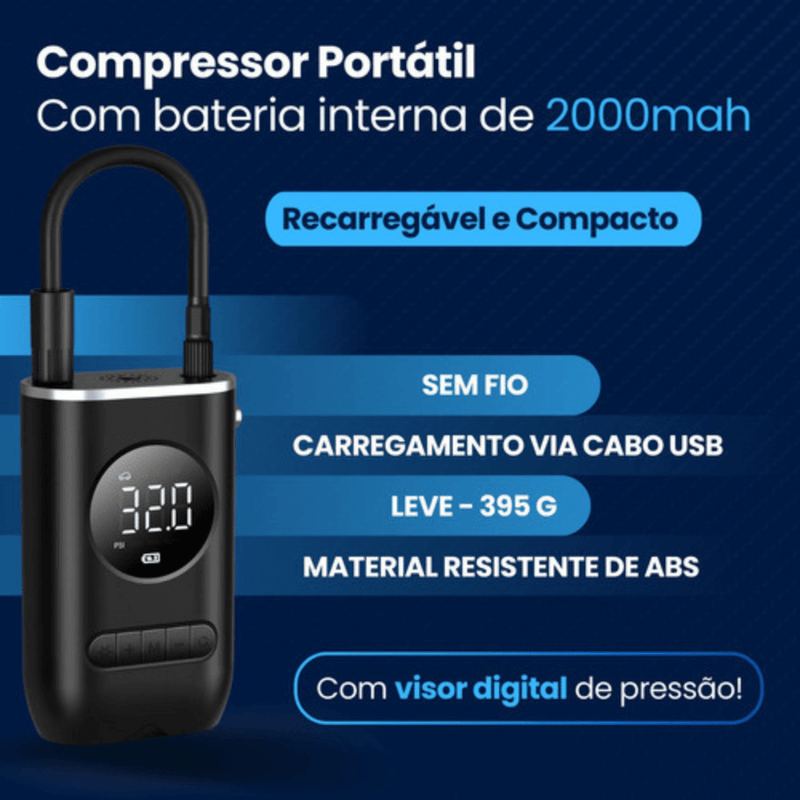 Calibrador Compressor de Ar Portátil com Lanterna LED - Mantenha seus Pneus Sempre Calibrados!