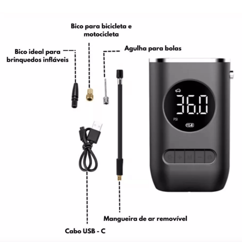 Calibrador Compressor de Ar Portátil com Lanterna LED - Mantenha seus Pneus Sempre Calibrados!
