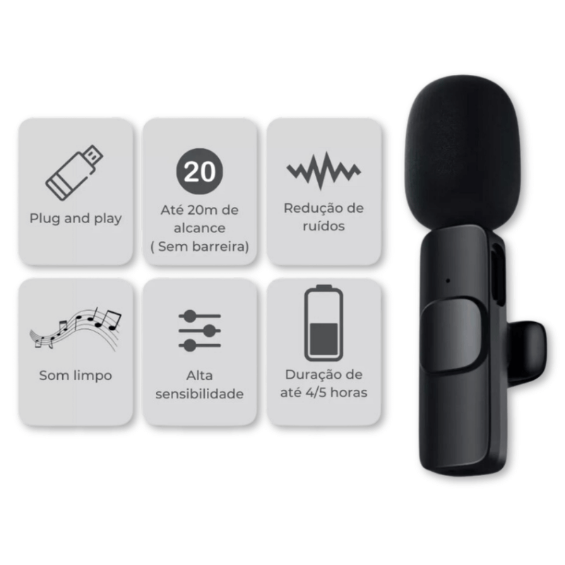 Microfone Lapela Celular Sem Fio Duplo - Desempenho de Áudio Impecável!