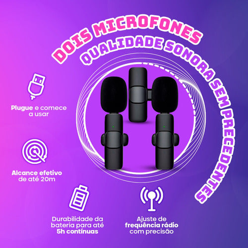Microfone Lapela Celular Sem Fio Duplo - Desempenho de Áudio Impecável!